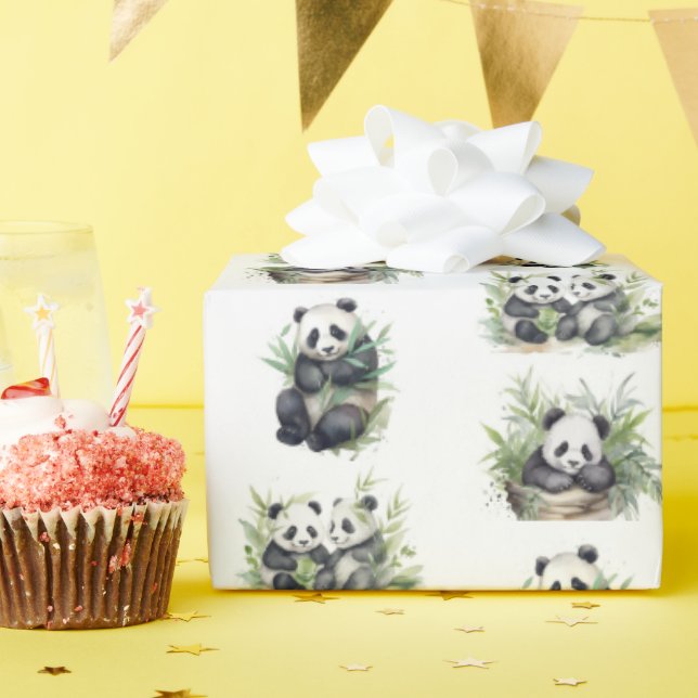Cute Panda Bears With Bamboo Leaves Wrapping Paper (Birthday Party)