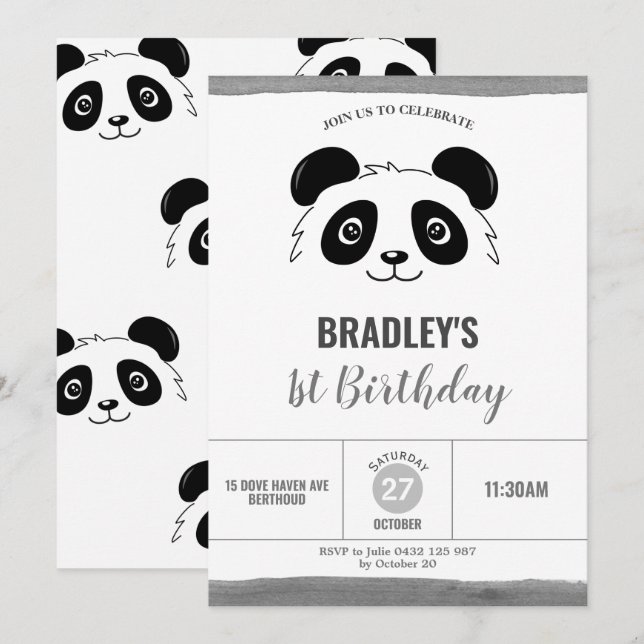 Cute Panda Birthday Party Black and White Invitation (Front/Back)