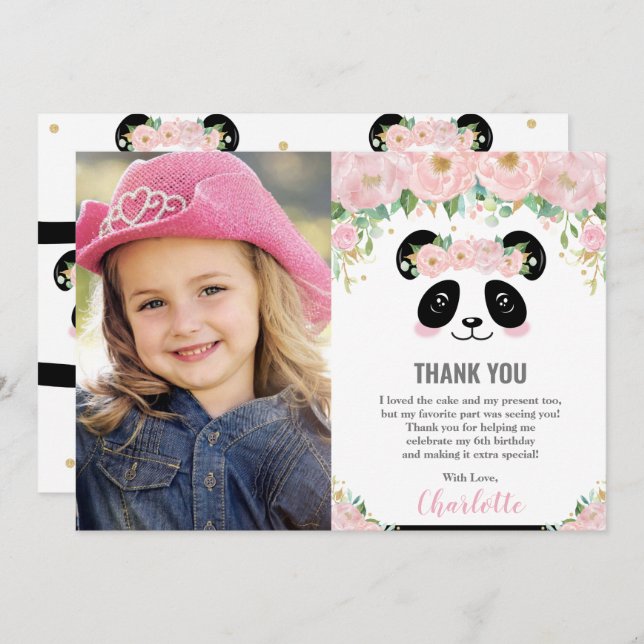 Cute Panda Birthday Party Photo Thank You Card (Front/Back)
