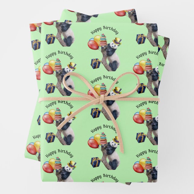 Cute Panda Birthday Party Wrapping Paper Sheets (In situ)
