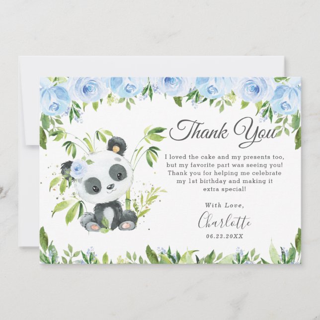 Cute Panda Blue Floral Greenery Birthday Party Thank You Card (Front)