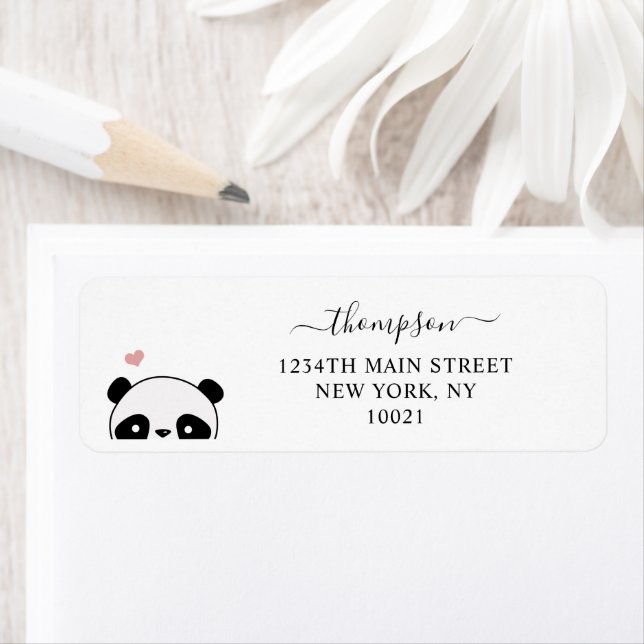 Cute Panda Blush Pink Monogram Script Return Address Label (Insitu)