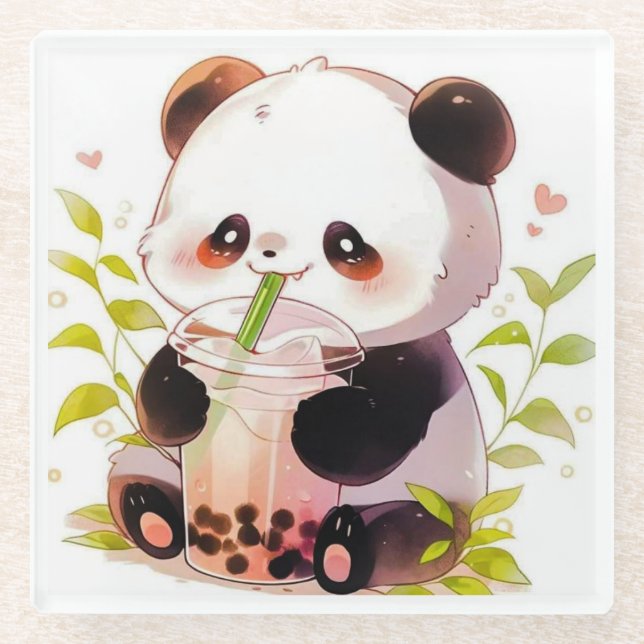 Cute Panda Bubble Tea Coaster | Kawaii Boba Panda  (Front)