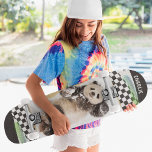 Cute Panda Chequered Modern Collage Custom Name Skateboard<br><div class="desc">Cute Panda Chequered Modern Collage Custom Name Skateboard features your personalised name in modern typography with a collage of a panda playing in the snow and ripped chequered paper. Personalise by editing the text in the text box provided. Give a custom made gift, personalised skateboard to your favourite skateboarder for...</div>