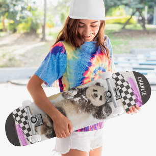 Cute Panda Chequered Modern Collage Custom Name Skateboard