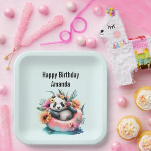 Cute Panda Chilling in an Inner Tube Birthday Paper Plate