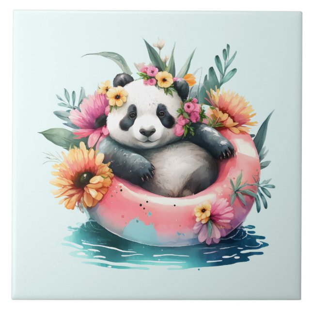 Cute Panda Chilling in an Inner Tube Ceramic Tile (Front)