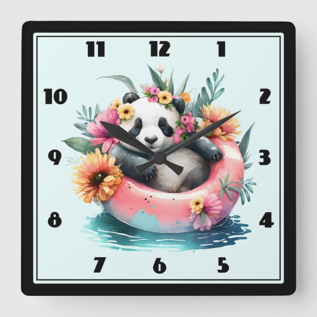 Cute Panda Chilling in an Inner Tube Square Wall Clock (Front)