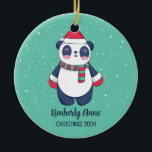 Cute Panda Christmas Animal Snowy Winter Holiday Ceramic Ornament<br><div class="desc">Cute cartoon animal ornament for kids and children. Perfect for first Christmas celebration with family. You can customise the text for any occasion.</div>