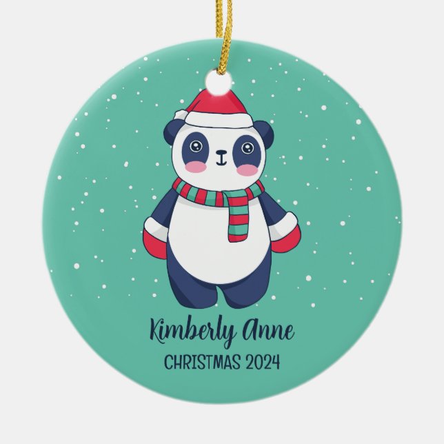 Cute Panda Christmas Animal Snowy Winter Holiday Ceramic Ornament (Front)