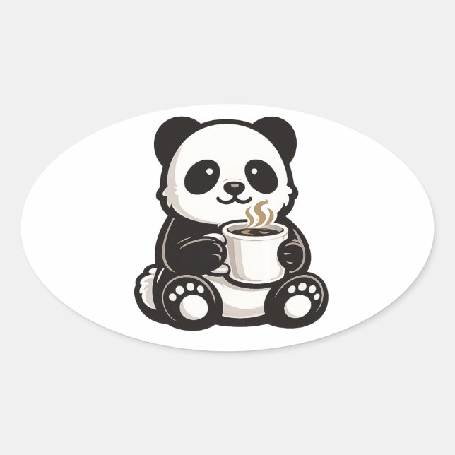 Cute Panda Coffee – Kawaii Panda Holding Coffee  Oval Sticker (Front)