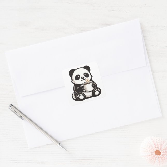 Cute Panda Coffee – Kawaii Panda Holding Coffee  Square Sticker (Envelope)