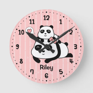 Cute Panda Cub and Mummy Kids Nursery Room Decor Round Clock