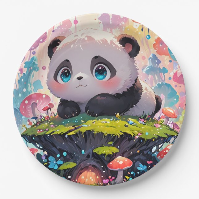 Cute Panda Cub in a Forest of Mushrooms   Paper Plate (Front)