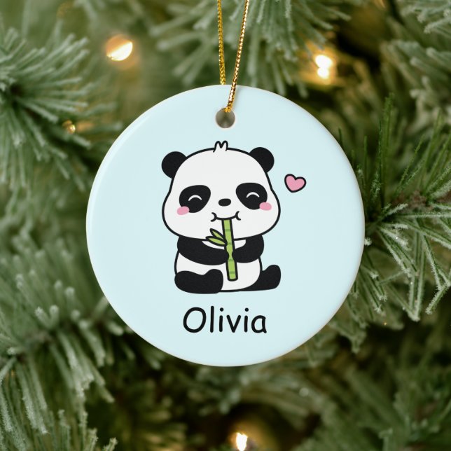 Cute Panda Cub Munching On Bamboo, Kids Name Ceramic Ornament (Tree)