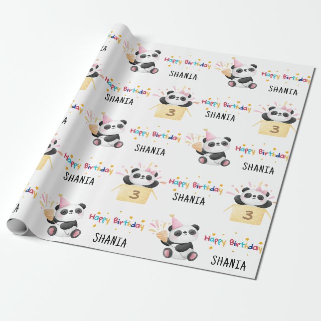 Cute Panda Custom Age Name Birthday Wrapping Paper (Unrolled)