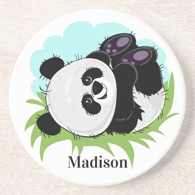 Cute Panda custom name sandstone coaster (Front)