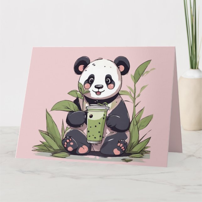 Cute Panda drinking bubble tea, boba tea Thank You Card (Front)
