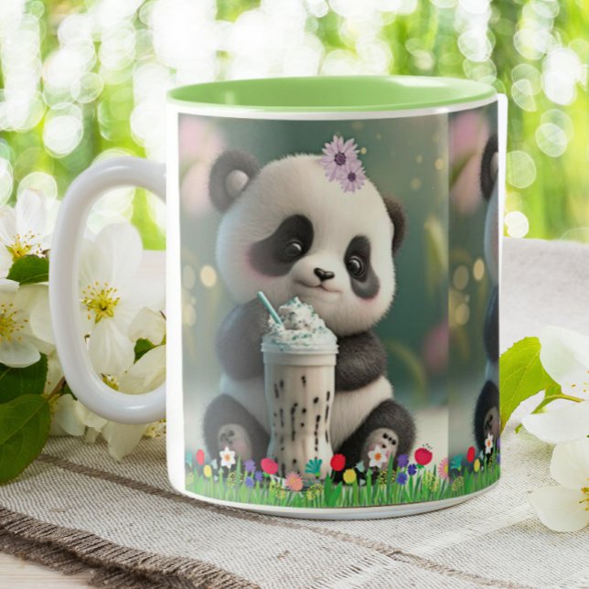 Cute Panda drinking milkshake Colourful Flowers Two-Tone Coffee Mug (Creator Uploaded)