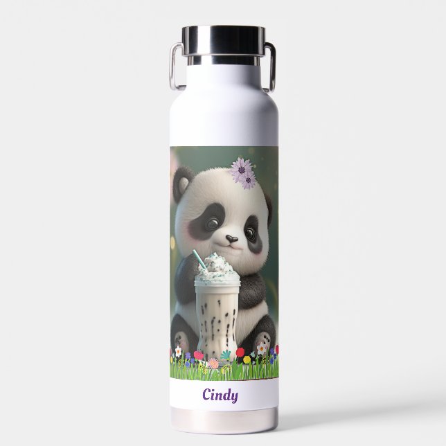 Cute Panda drinking milkshake Personalised Kids  Water Bottle (Front)
