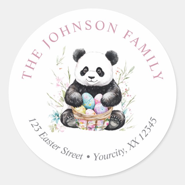 Cute panda Easter watercolor floral return address Classic Round Sticker (Front)