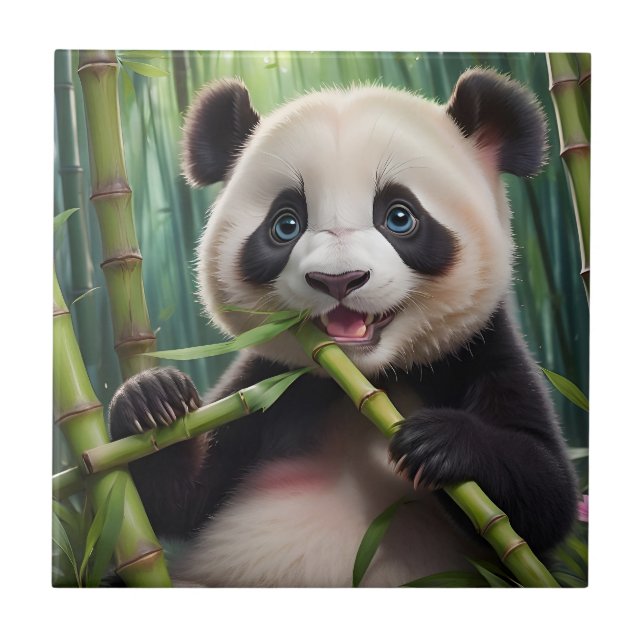 Cute Panda Eating Bamboo Ceramic Tile (Front)