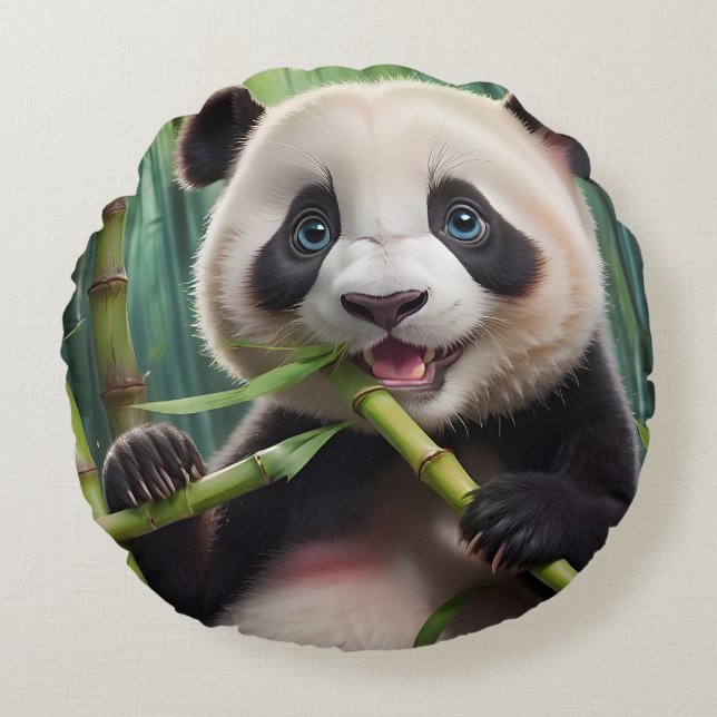 Cute Panda Eating Bamboo Round Cushion (Front)