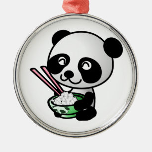 Cute Panda Eating Rice from Bowl with Chopsticks Metal Tree Decoration