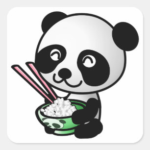 Cute Panda Eating Rice from Bowl with Chopsticks Square Sticker