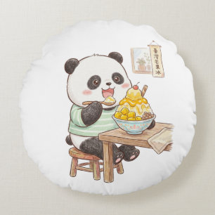 Cute Panda Eating Taiwanese Mango Shaved Ice Foodi Round Cushion