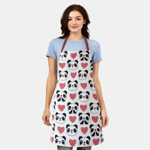 Cute Panda Emoji Black White Bear Hearts Pattern Apron
