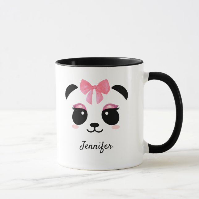 Cute panda face pink eyelashes personalised mug (Right)
