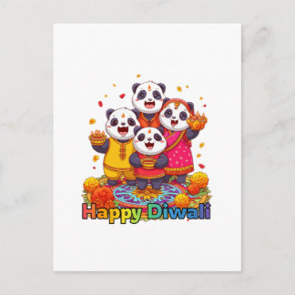 Cute panda & family celebrating hindu festival postcard