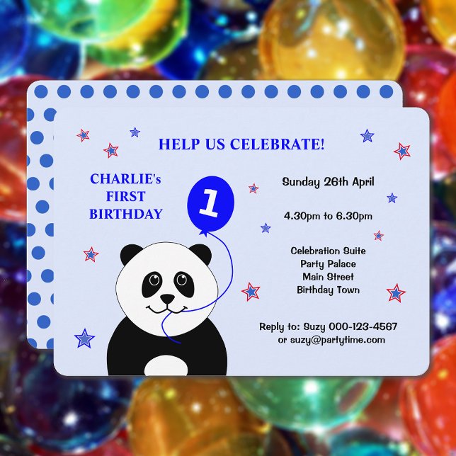 Cute panda first birthday party invitation (Showing rounded corners option)