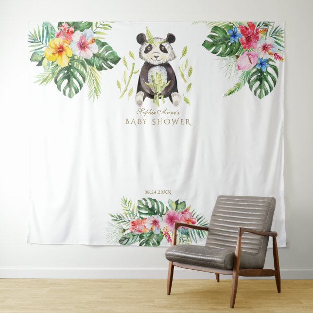 Cute Panda Floral Baby Shower Photo Booth Prop Tapestry (In Situ (Horizontal))