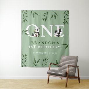 Cute Panda & Foliage 1st Birthday Photo Back Drop Tapestry