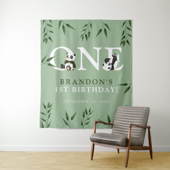 Cute Panda & Foliage 1st Birthday Photo Back Drop Tapestry (In Situ)