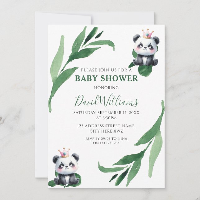 Cute Panda Foliage Gender Neutral Chic Baby Shower Invitation (Front)