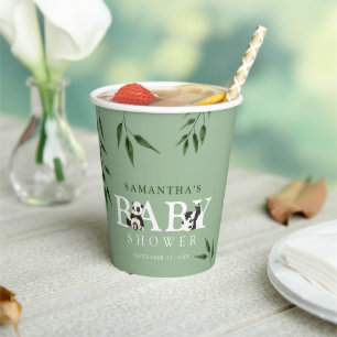 Cute Panda & Foliage Neutral Baby Shower Paper Cups