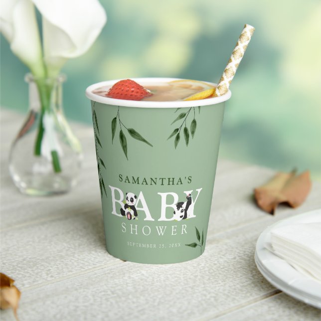 Cute Panda & Foliage Neutral Baby Shower Paper Cups (Insitu)