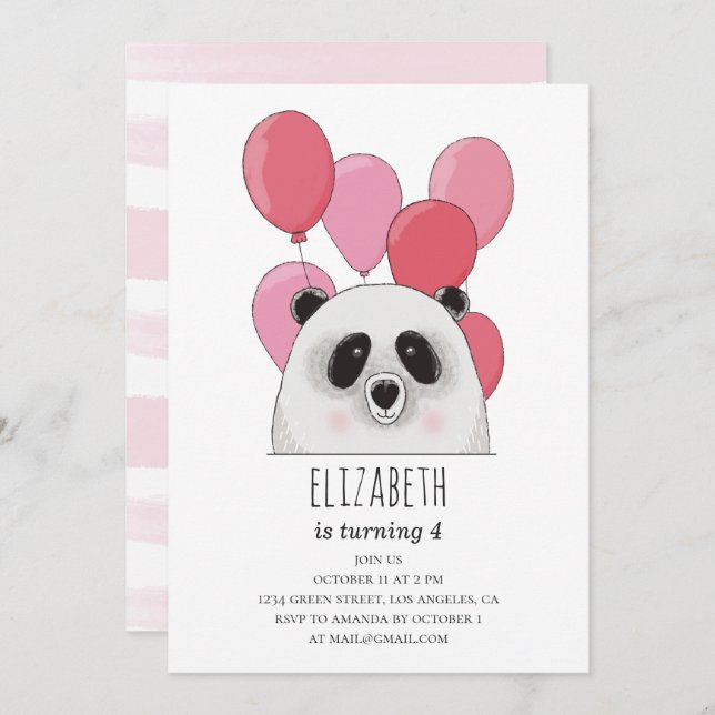 Cute panda. Funny animal. Pink kids birthday party Invitation (Front/Back)