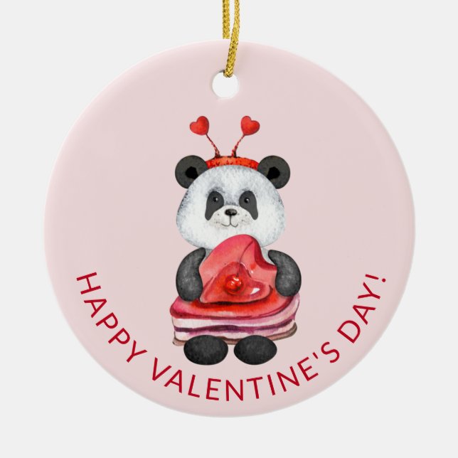 Cute Panda Gnome Happy Valentines Day Ceramic Ornament (Front)