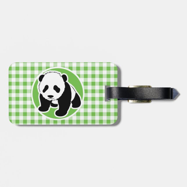 Cute Panda; Green Gingham Luggage Tag (Back Horizontal)