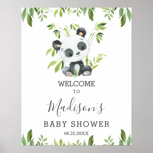 Cute Panda Greenery Baby Shower Neutral Welcome Poster (Front)