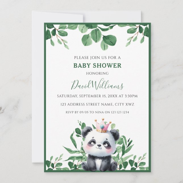 Cute Panda Greenery Foliage Neutral Baby Shower Invitation (Front)