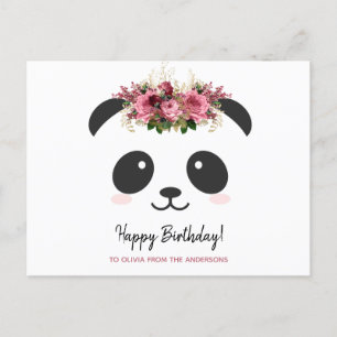 Cute panda Happy Birthday personalised pink floral Postcard