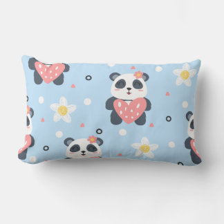 Cute Panda Heart Seamless Pattern, Kawaii Animal N Lumbar Cushion