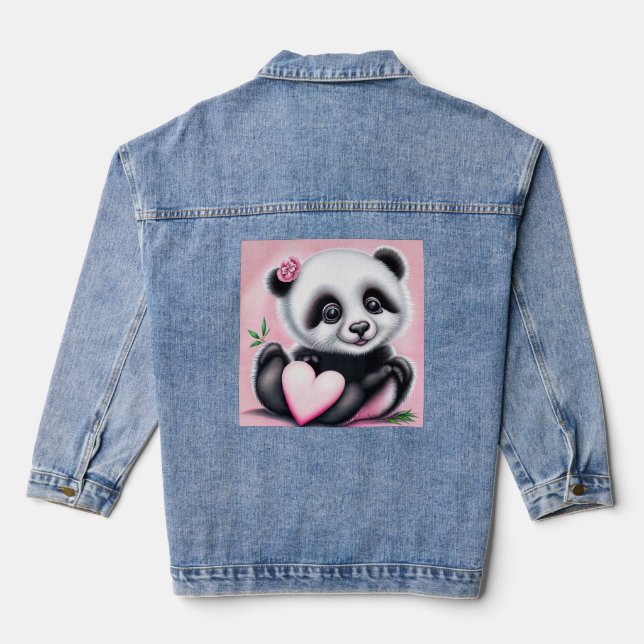 Cute panda holding a heart denim jacket (Back)