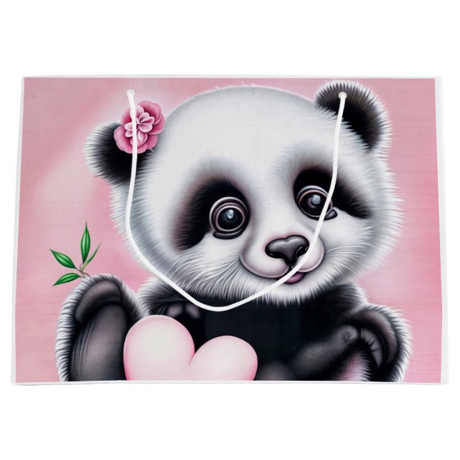 Cute panda holding a heart large gift bag (Front)