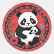Cute Panda holding baby with red flowers